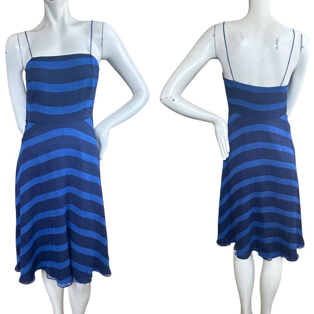 Halston Heritage Thin Strap 100% Silk Blue Striped Mid Length Dress Size 2
